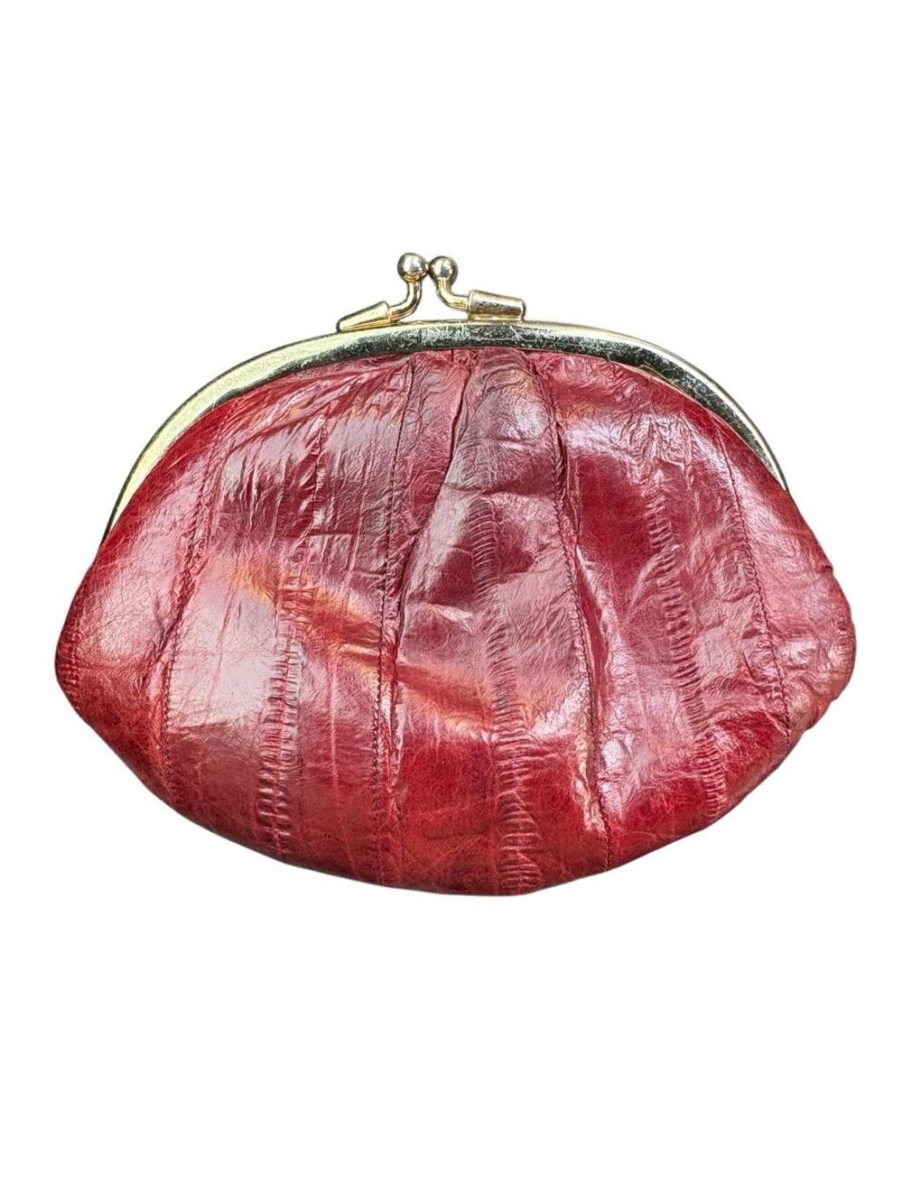 Vintage Lee Sands Genuine Eel Skin Burgundy Kiss Lock Coin Purse Wallet Red Leat
